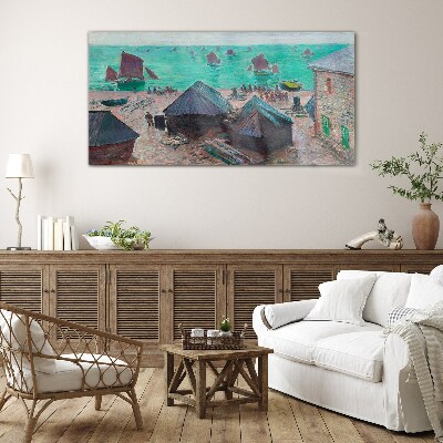 Tableau imprimé sur verre Paysage de bord de mer avec des bateaux