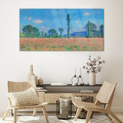 Tableau sur verre Un champ de fleurs sous un ciel bleu