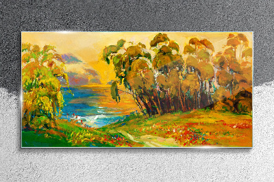 Tableau en verre Des arbres dorés sur la mer bleue