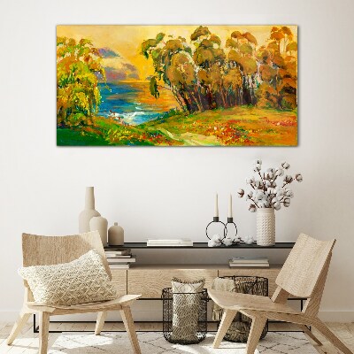 Tableau en verre Des arbres dorés sur la mer bleue