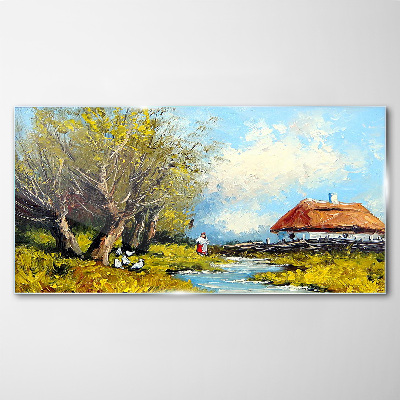 Tableau sur verre Paysage rural avec un chalet et des arbres