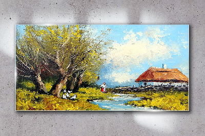 Tableau sur verre Paysage rural avec un chalet et des arbres