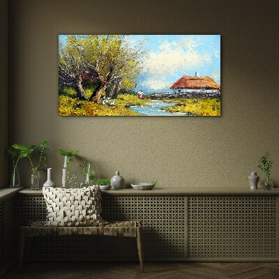 Tableau sur verre Paysage rural avec un chalet et des arbres