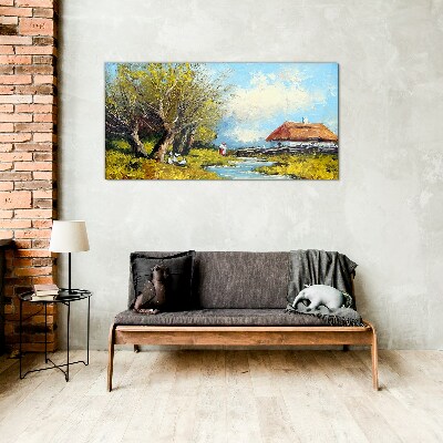 Tableau sur verre Paysage rural avec un chalet et des arbres