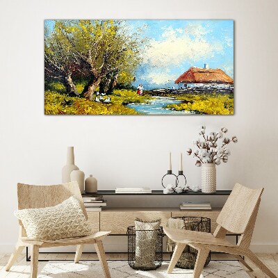 Tableau sur verre Paysage rural avec un chalet et des arbres