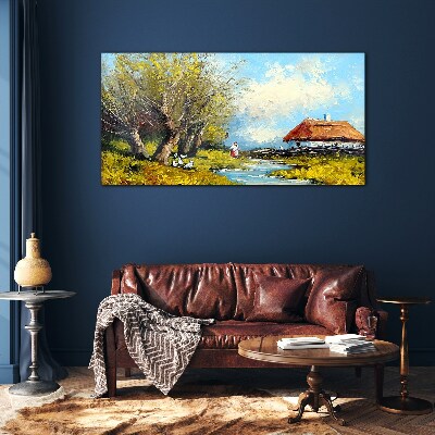 Tableau sur verre Paysage rural avec un chalet et des arbres