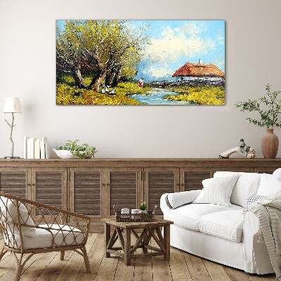 Tableau sur verre Paysage rural avec un chalet et des arbres