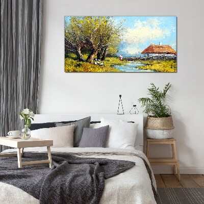Tableau sur verre Paysage rural avec un chalet et des arbres
