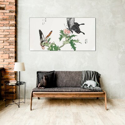 Tableau en verre Papillons sur fond de végétation