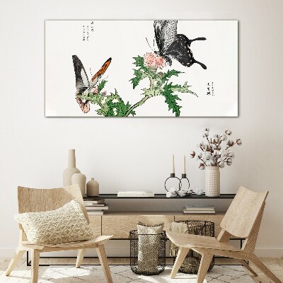 Tableau en verre Papillons sur fond de végétation