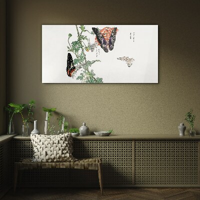 Tableau imprimé sur verre Papillons sur fond de fleurs