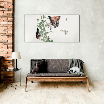Tableau imprimé sur verre Papillons sur fond de fleurs