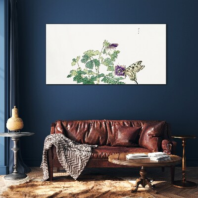 Tableau sur verre Harmonie florale avec un papillon