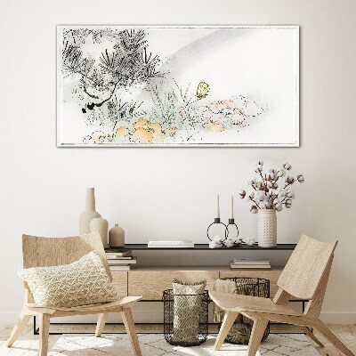 Tableau photo sur verre Paysage floral avec un papillon