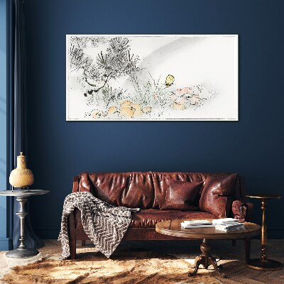 Tableau photo sur verre Paysage floral avec un papillon