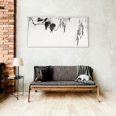 Tableau en verre Oiseaux sur une branche en blanc