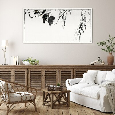 Tableau en verre Oiseaux sur une branche en blanc