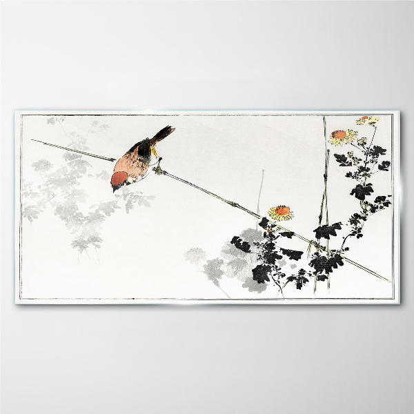 Tableau en verre Un oiseau sur une branche avec des fleurs