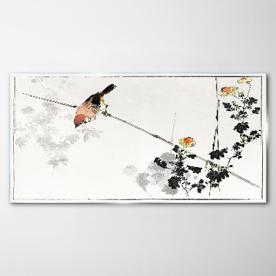 Tableau en verre Un oiseau sur une branche avec des fleurs