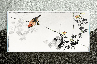Tableau en verre Un oiseau sur une branche avec des fleurs