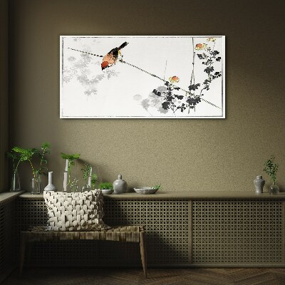 Tableau en verre Un oiseau sur une branche avec des fleurs