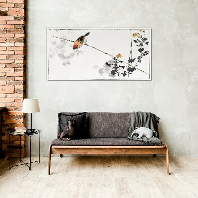 Tableau en verre Un oiseau sur une branche avec des fleurs