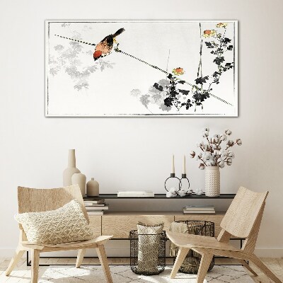 Tableau en verre Un oiseau sur une branche avec des fleurs