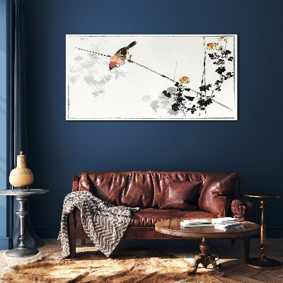 Tableau en verre Un oiseau sur une branche avec des fleurs
