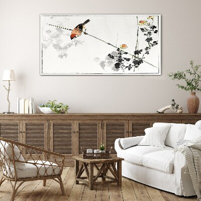 Tableau en verre Un oiseau sur une branche avec des fleurs
