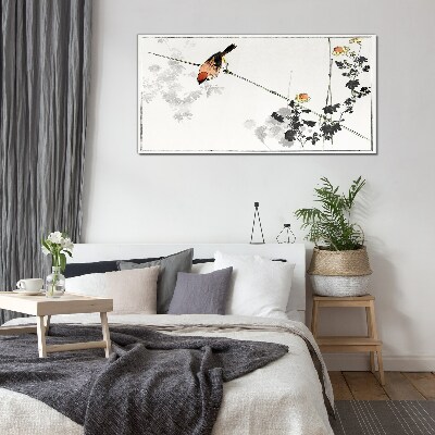 Tableau en verre Un oiseau sur une branche avec des fleurs