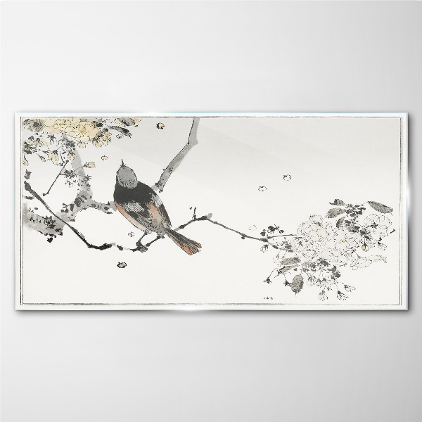 Tableau sur verre Un oiseau sur une branche aux couleurs délicates