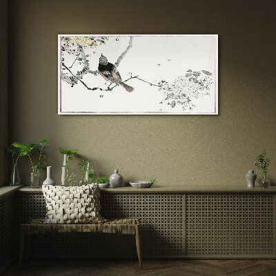 Tableau sur verre Un oiseau sur une branche aux couleurs délicates