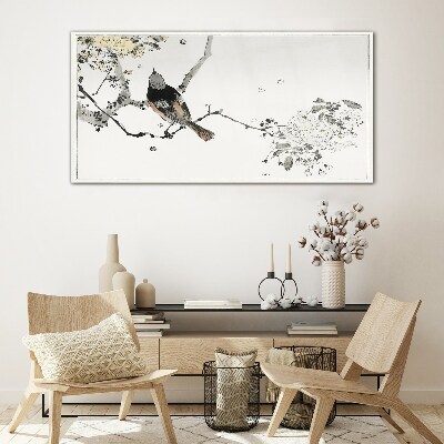 Tableau sur verre Un oiseau sur une branche aux couleurs délicates