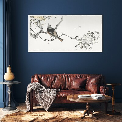 Tableau sur verre Un oiseau sur une branche aux couleurs délicates