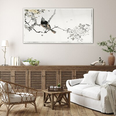 Tableau sur verre Un oiseau sur une branche aux couleurs délicates