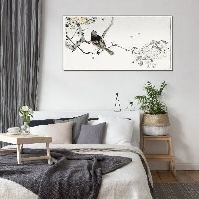 Tableau sur verre Un oiseau sur une branche aux couleurs délicates