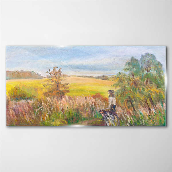 Tableau photo sur verre Paysage d'été avec une figure et un chien