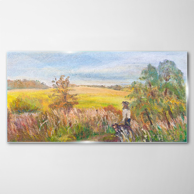 Tableau photo sur verre Paysage d'été avec une figure et un chien