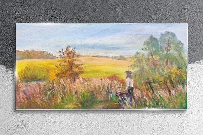Tableau photo sur verre Paysage d'été avec une figure et un chien