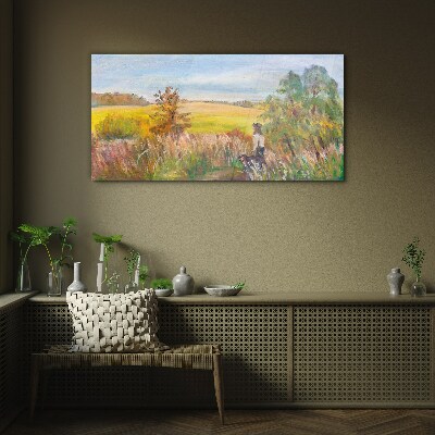 Tableau photo sur verre Paysage d'été avec une figure et un chien