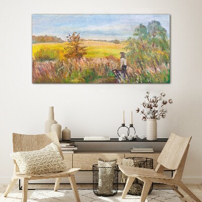 Tableau photo sur verre Paysage d'été avec une figure et un chien