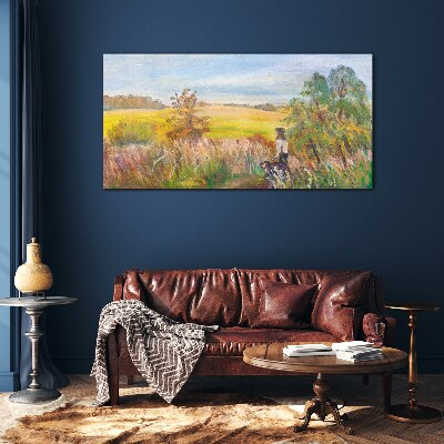 Tableau photo sur verre Paysage d'été avec une figure et un chien