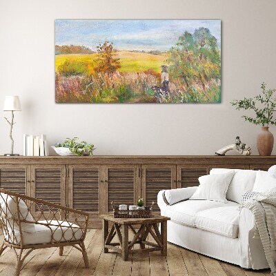 Tableau photo sur verre Paysage d'été avec une figure et un chien