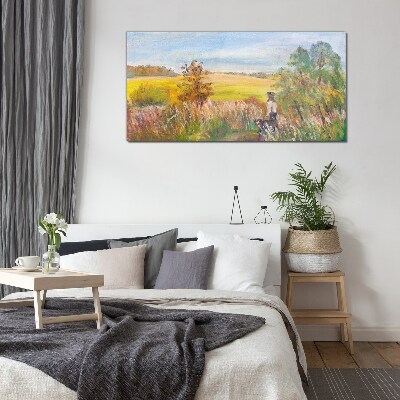 Tableau photo sur verre Paysage d'été avec une figure et un chien