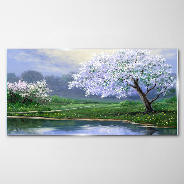Tableau photo sur verre Paysage printanier avec des arbres en fleurs
