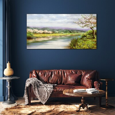 Tableau imprimé sur verre Paysage printanier au bord de la rivière