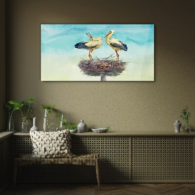 Tableau en verre Cigognes sur un nid dans le bleu