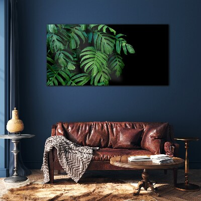Tableau sur verre Feuilles vertes sur fond noir