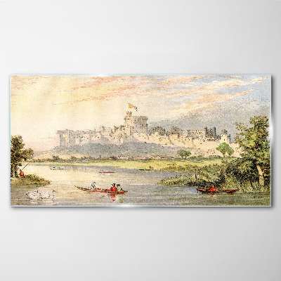 Tableau verre imprimé Un château au bord de la rivière aux couleurs pastel