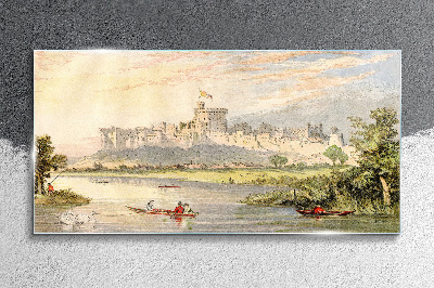 Tableau verre imprimé Un château au bord de la rivière aux couleurs pastel